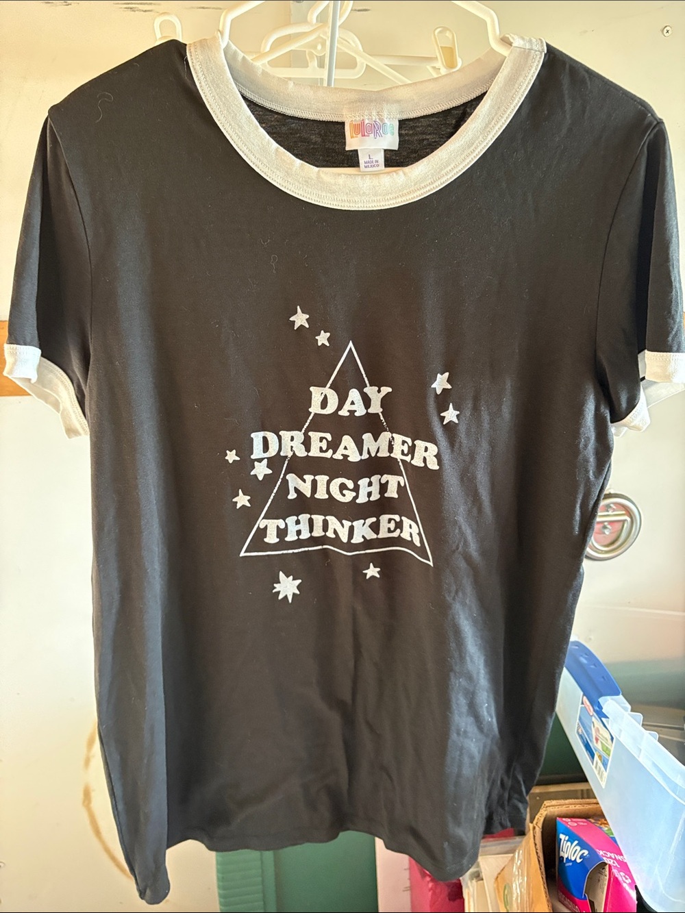 LuLaRoe Day Dreamer Night Thinker Black Tee with White Trim
